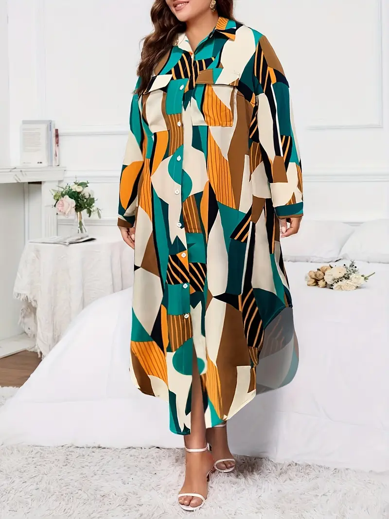plus size geo block shirt dress elegant button - Temu plus size geo block shirt dress elegant button - Temu