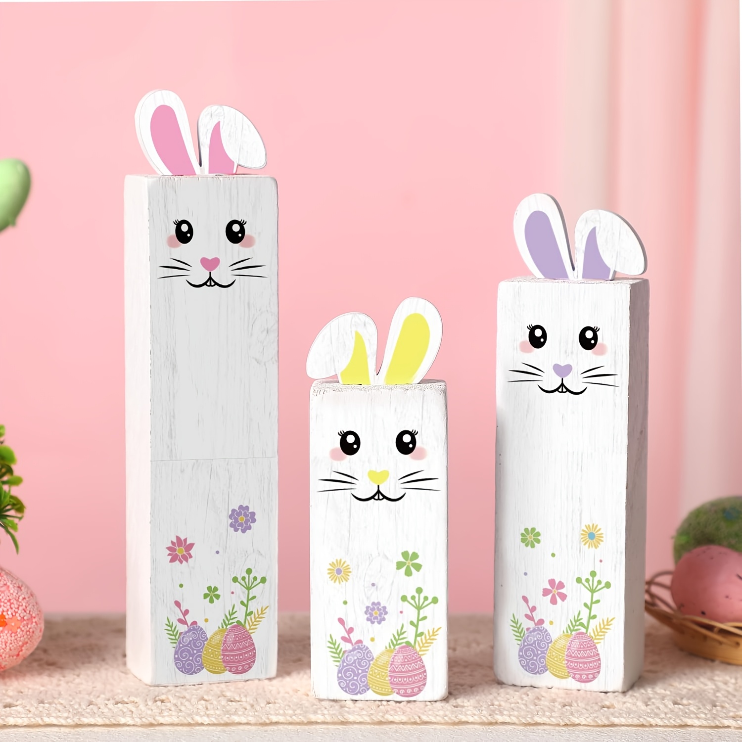 TEMU 3pcs Easter Wooden Tiered Tray Decor, Freestanding Farmhouse Rabbit Tiered Tray Decor For Spring Desk Decor, Bunny Ears Table Centerpiece For