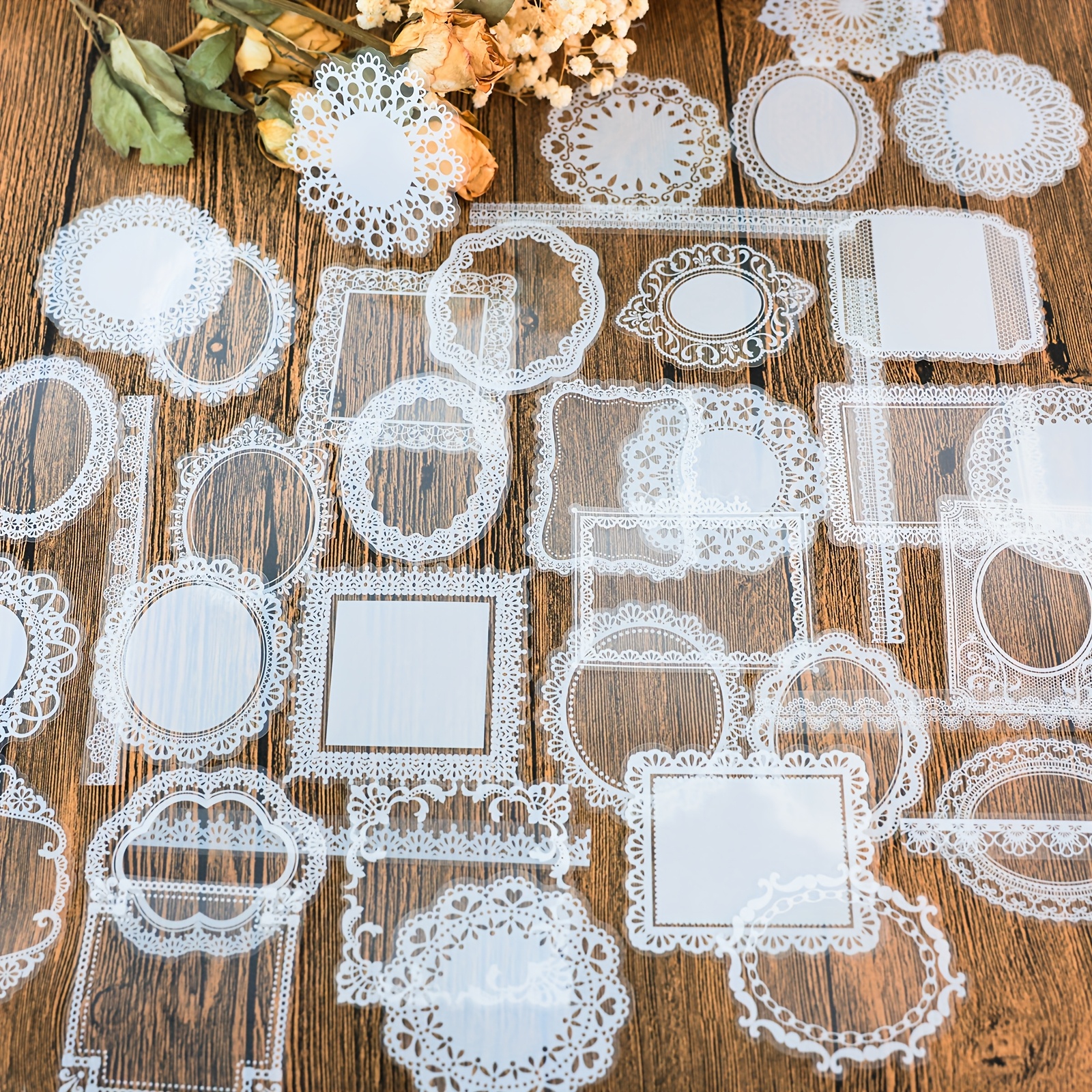 Image of 120pcs Lace Transparent Stickers, Vintage Stickers, For Scrapbooking, Junk Journal And Trash Magazine Decorations, Diary, Planner