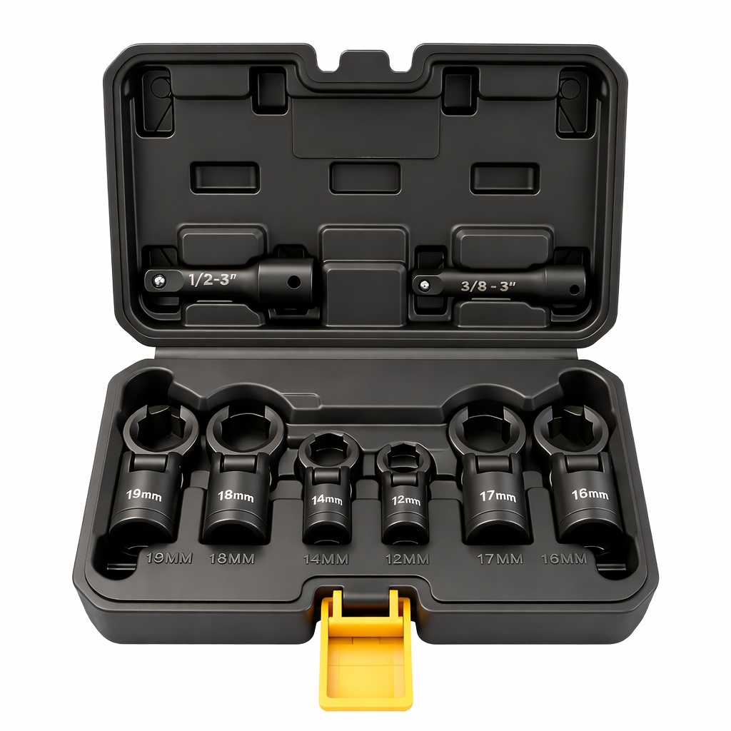 TEMU Elead 8pcs Wrench Set, Metric 12 14 16 17 18 19mm With Extension Bar, 3/8" & 1/2" Drive Wrenches Set, Injector Fuel Line Crowfoot Flare Nut