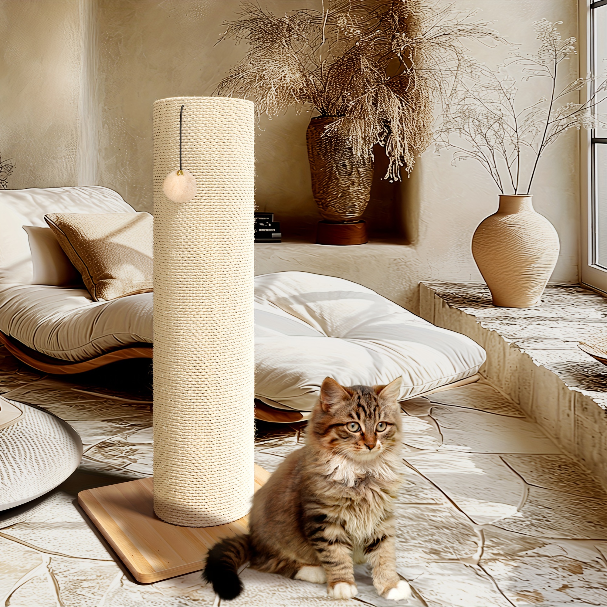 

29.5" Cat Scratching Post, 7.5" Ultra-large Diameter Natural Sisal Cat Scratch Post, Scratch-resistant Tall Cat Scratcher For Indoor Cats, Protect Your Furniture, Beige