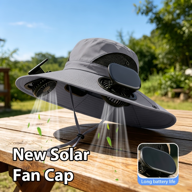 TEMU Men's Wide-brimmed Solar Fan, Outdoor Fishing Hat, Including 2 Fans, Rechargeable, Large Brim, Cool And Breathable, Suitable For Occasions: