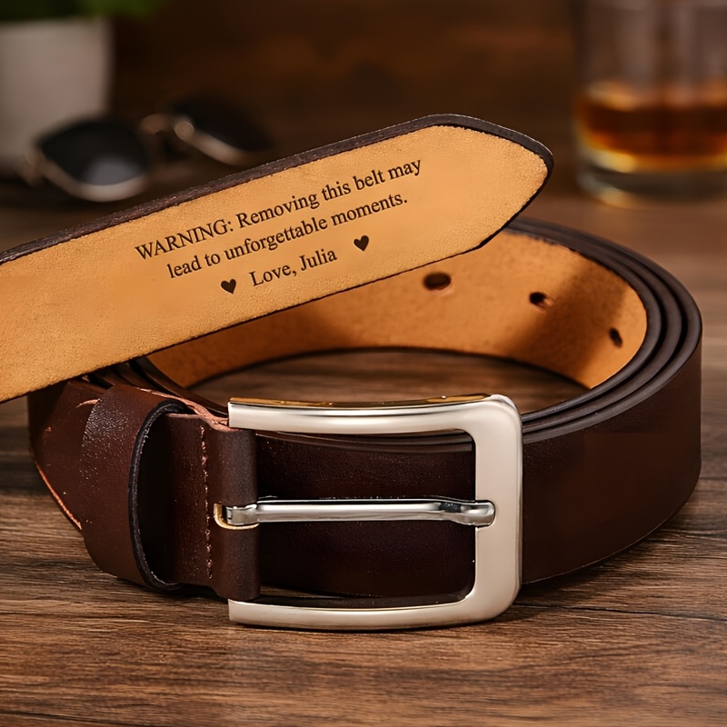 TEMU Customized Engraved Leather Belt For Men Can Print Name / Date / Text Business Casual Cowhide Belt Alloy Pin Durable And Non-fading Father's Day