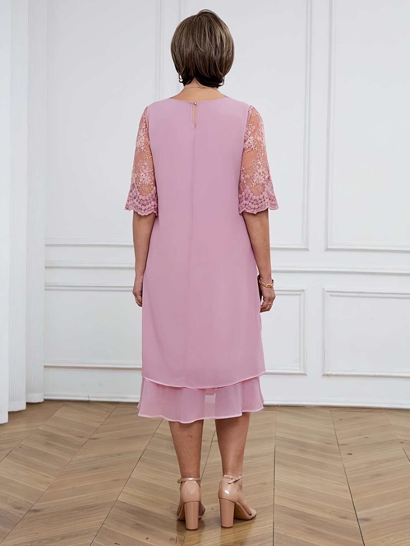 womens elegant lavender a line dress with lace sleeve trim soft   lavender round neck short to medium length casual to semi formal dress hand washable non stretch fabric for   wear office wedding guest party adult womens fashion peach 5