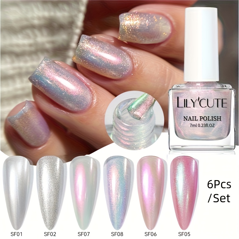 TEMU Lilycute 6pcs 7ml Aurora Glitter Nail Polish Colorful Bright Effect Shell White Nail Art Varnish Led Lamp