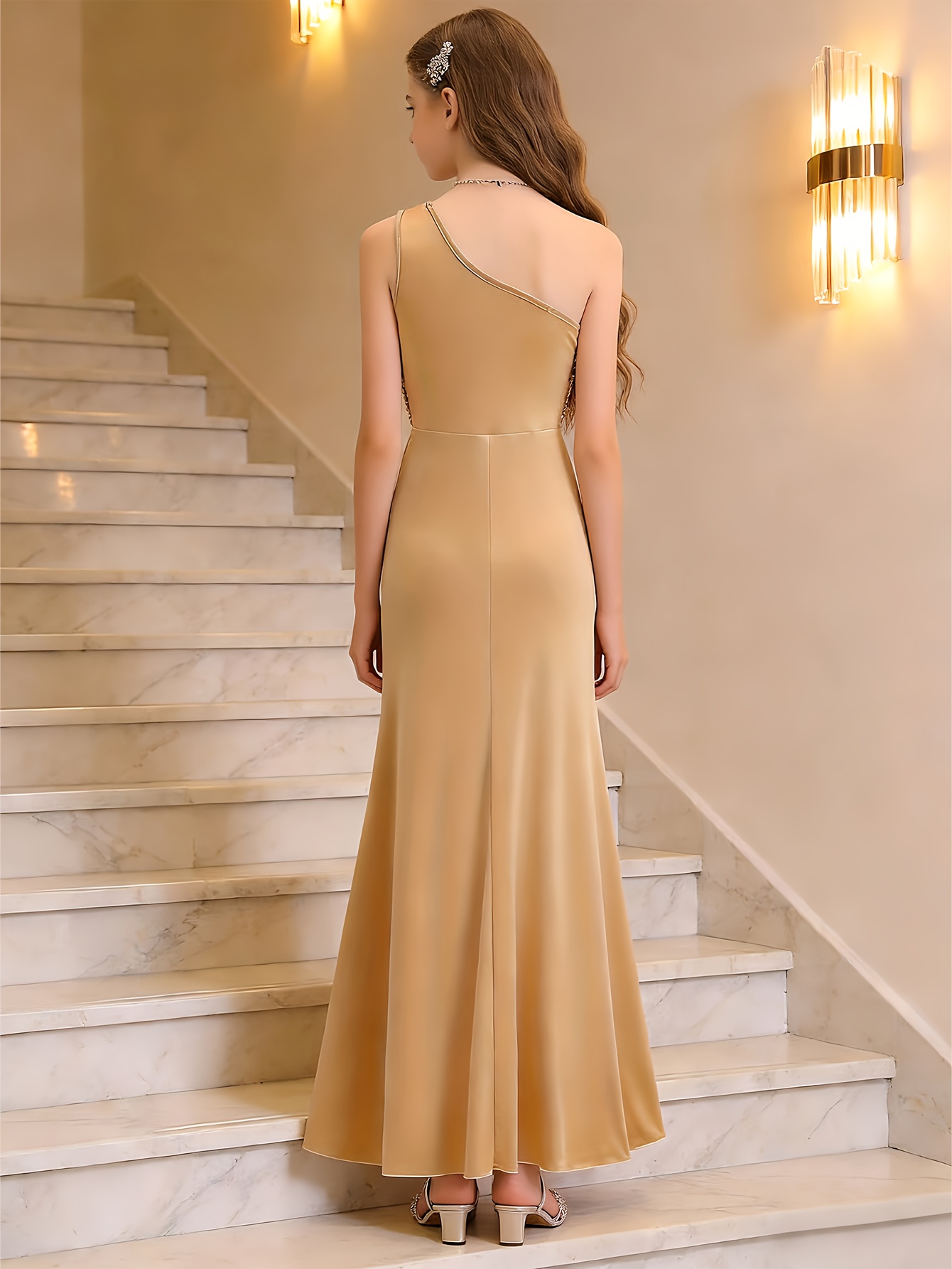 Vestido de Lantejoulas Dourado Champanhe de Um Ombro para Jovens 7