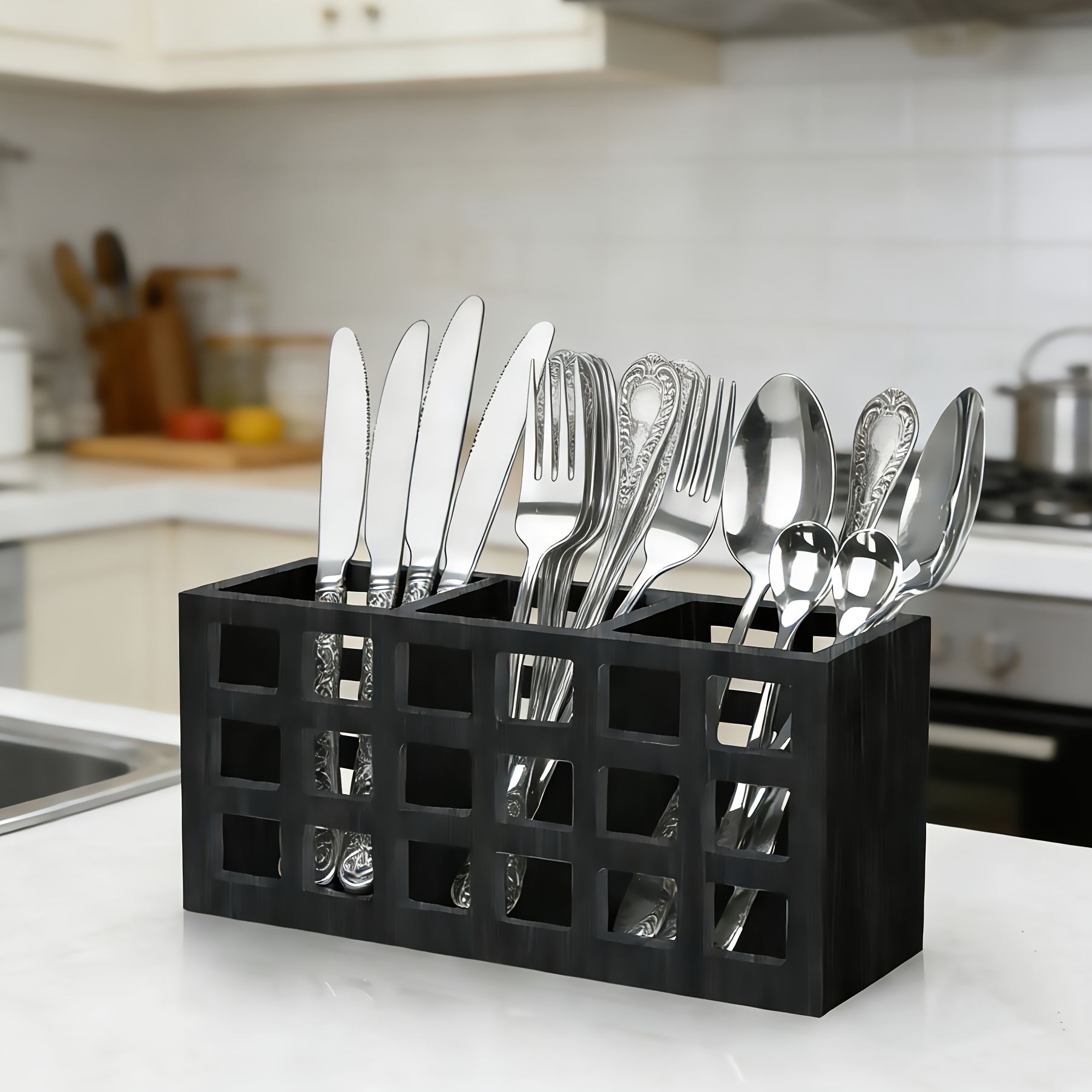 E-shop Massivholz-Gitter-Geschirrablage, Mehrfachfach-Messer-, Gabel- Löffel-Organizer, Edelstahl-Küchentisch-Geschirrorganizer-Box