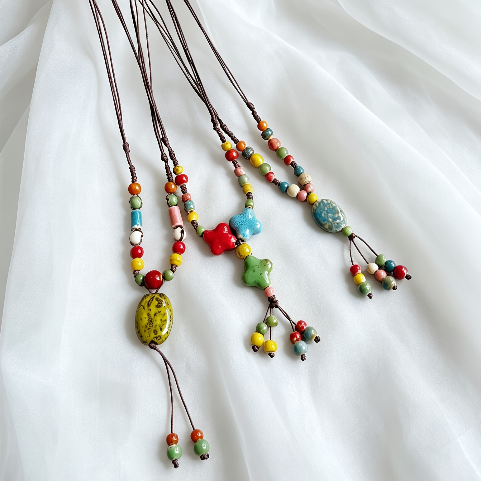 Bohemian Long Ceramic Necklace for Women, Handcrafted Gift