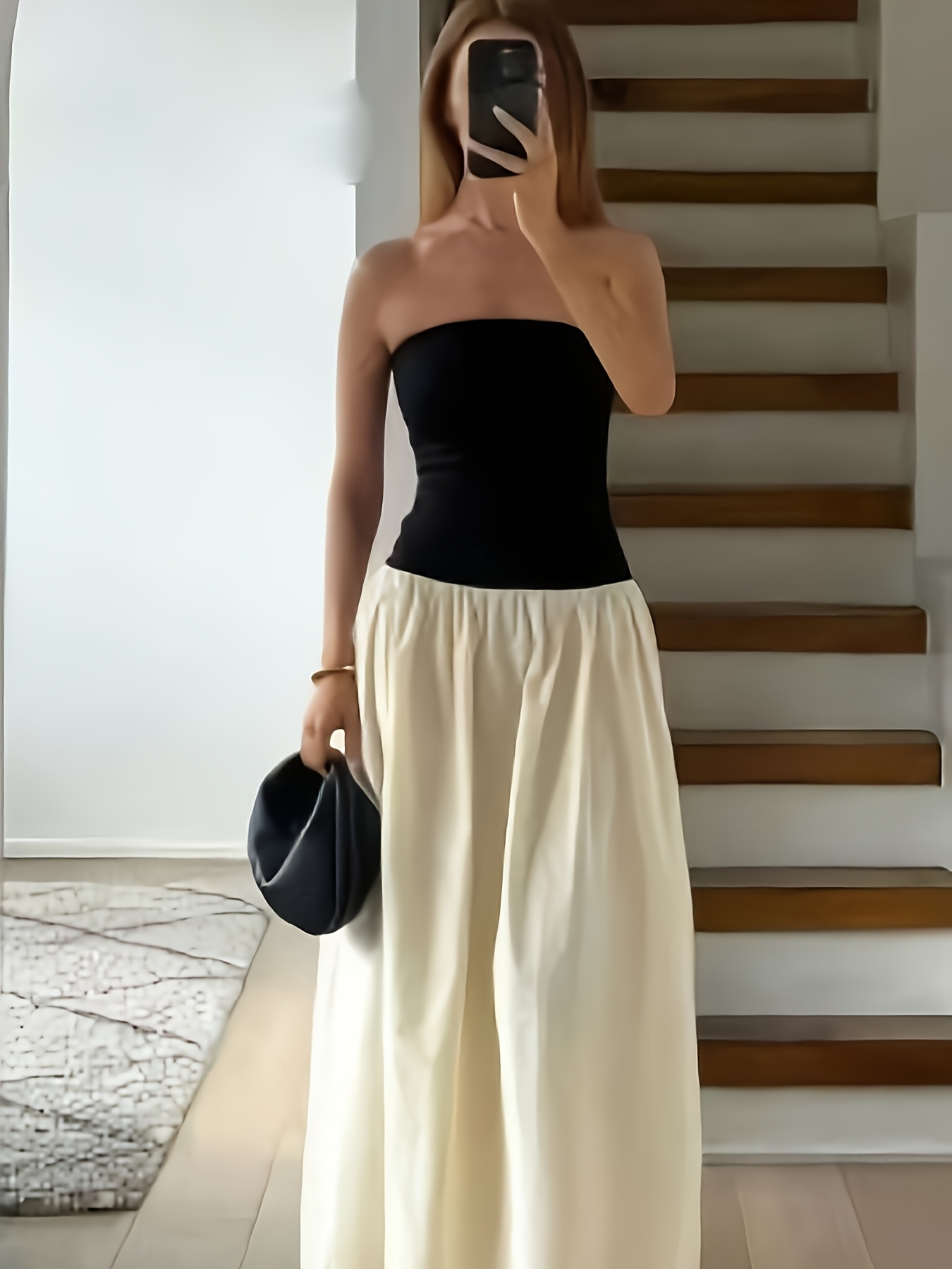 Women'S Elegant Strapless Ruched Maxi Dress Black White Design,  Sleeveless, Cinched Waist, Flowy Skirt Summer or Casual Versatile  Fashion