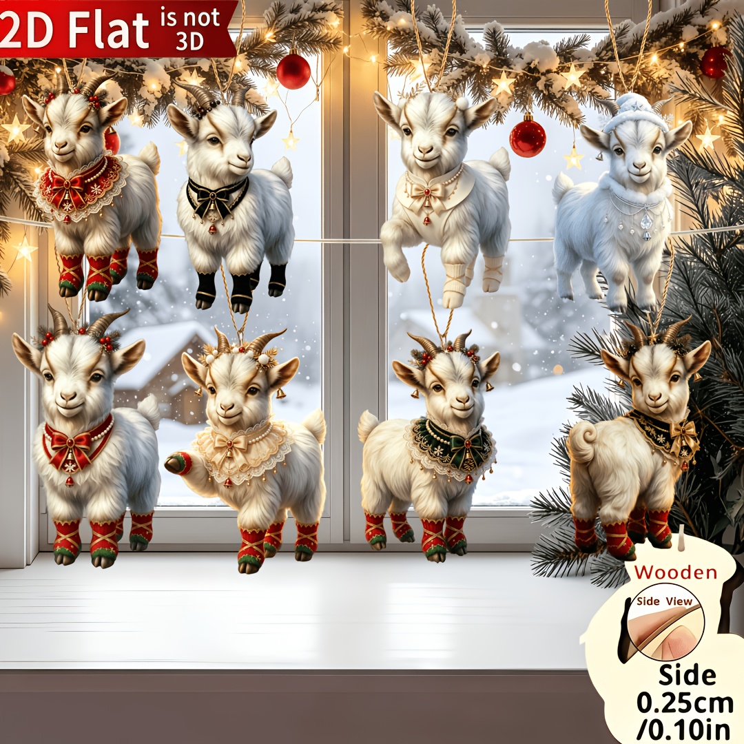 TEMU 2d Flat, 2d Flat 8pcs/ Cute Little Goat Christmas Ornaments Set-artificial Wood Ornaments, Suitable For Indoor/outdoor Christmas Trees And Home