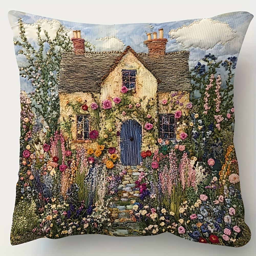 TEMU 1pc Vintage Embroidery Design, Modern Polyester Fabric, Hand Wash Only, Zipper Closure, Decorative Throw Pillow Cover For All Room Types, Cushion Cover