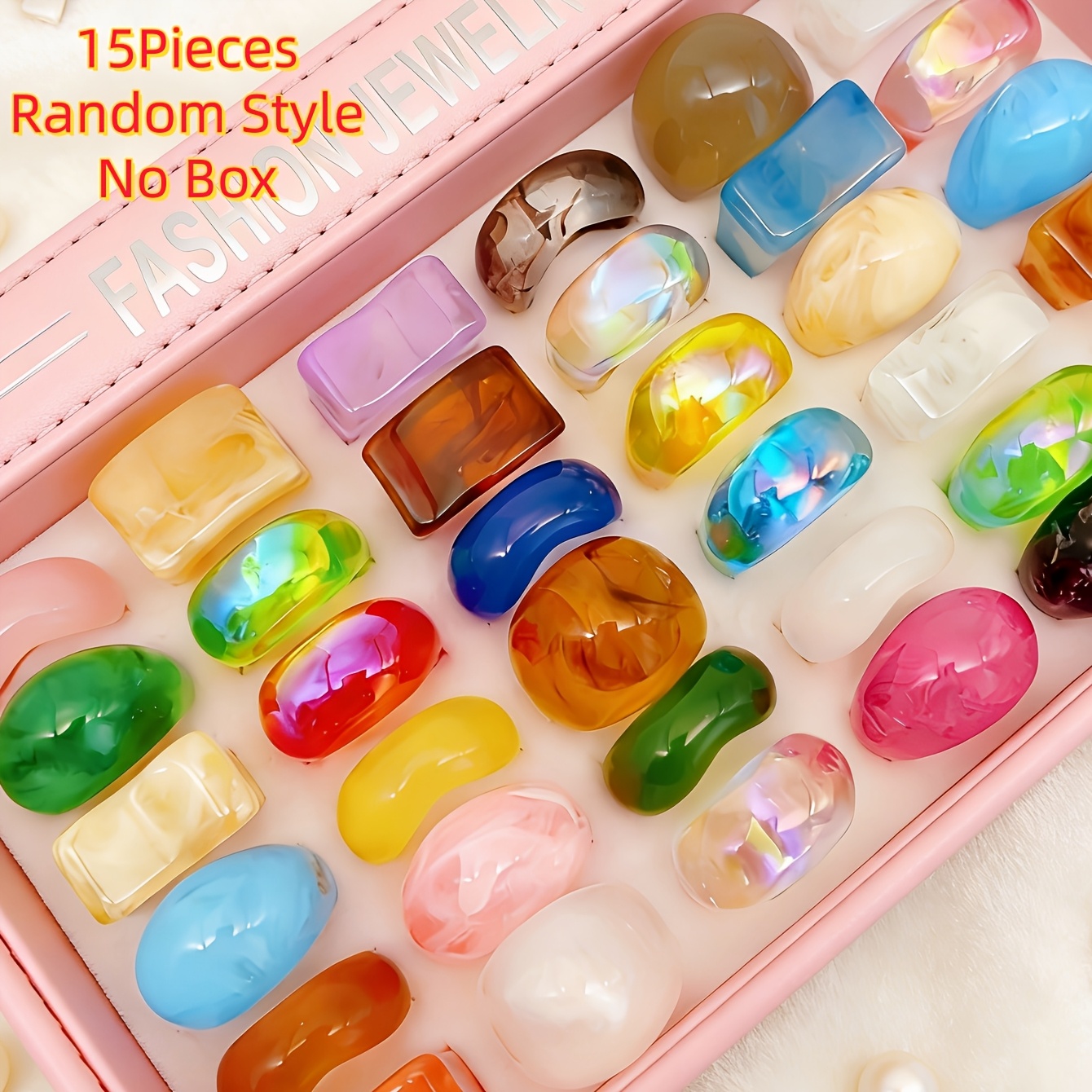 TEMU 15pcs 1 Pack Women's Mixed Style Fashion Colored Transparent Glossy Resin Ring Set Individual Trendy Party Gift Daily Jewelry Additions Random