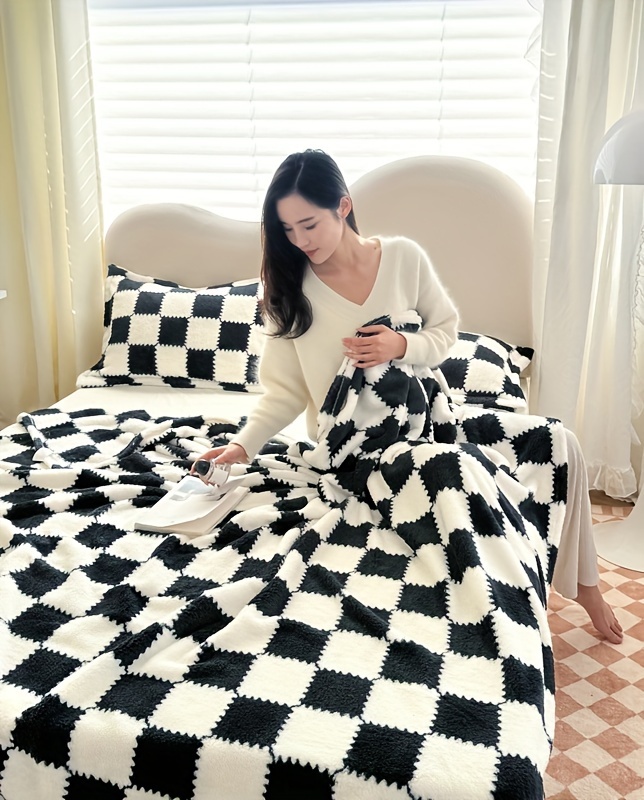 cozy   flannel throw blanket soft warm coral fleece for couch office   travel versatile checkerboard design machine washable details 7