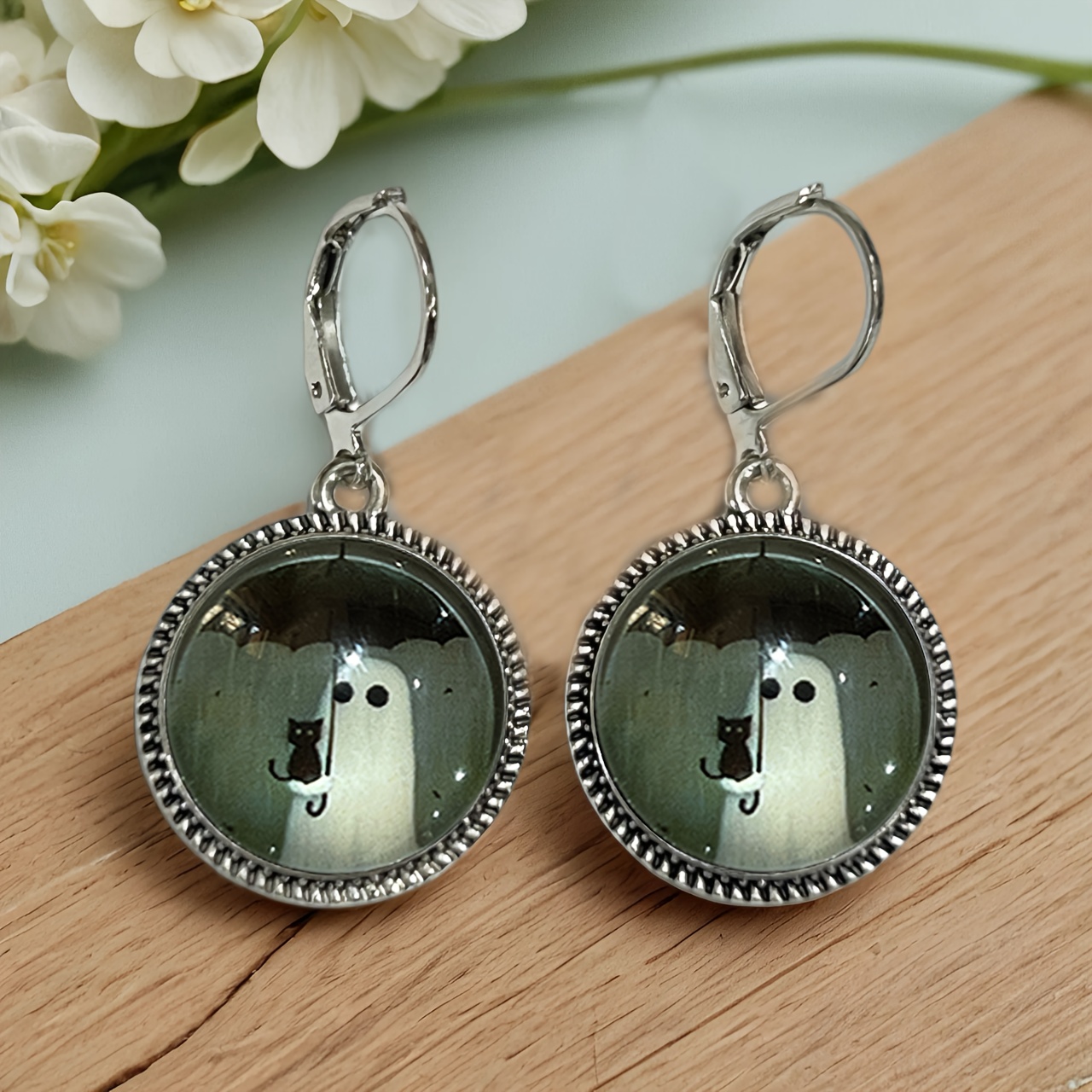 TEMU 1 Pair Of Umbrella And Cat Retro Round Glass Earrings