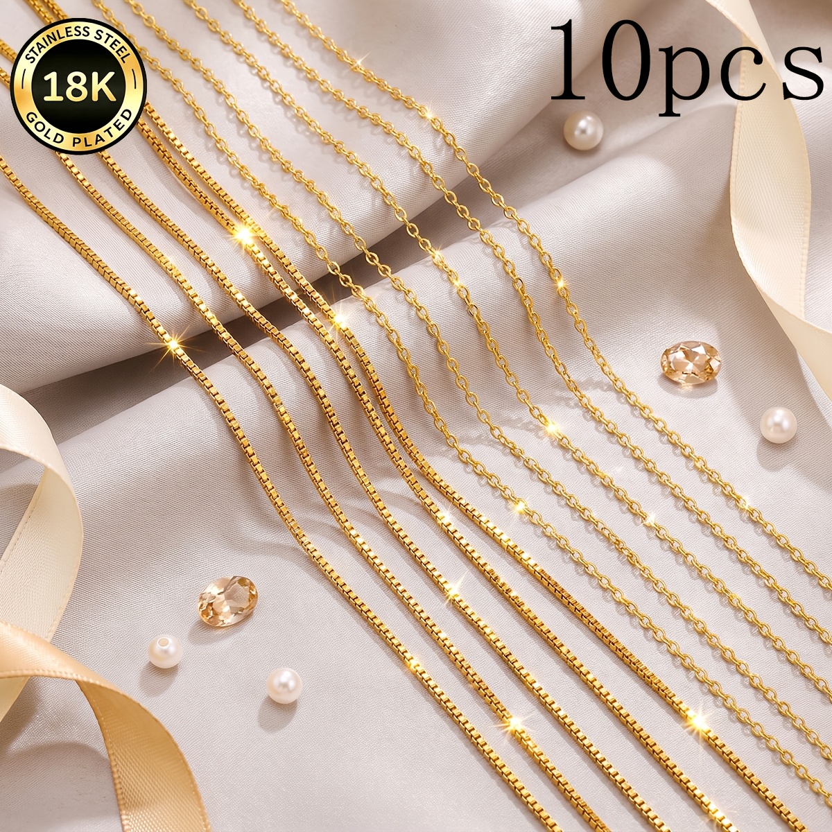 TEMU 10pcs High-quality 18k Gold-plated Stainless Steel Necklaces, Chain Length 45+5cm/17.7+1.96inch, Stainless Steel Jewelry, , Unisex Style,