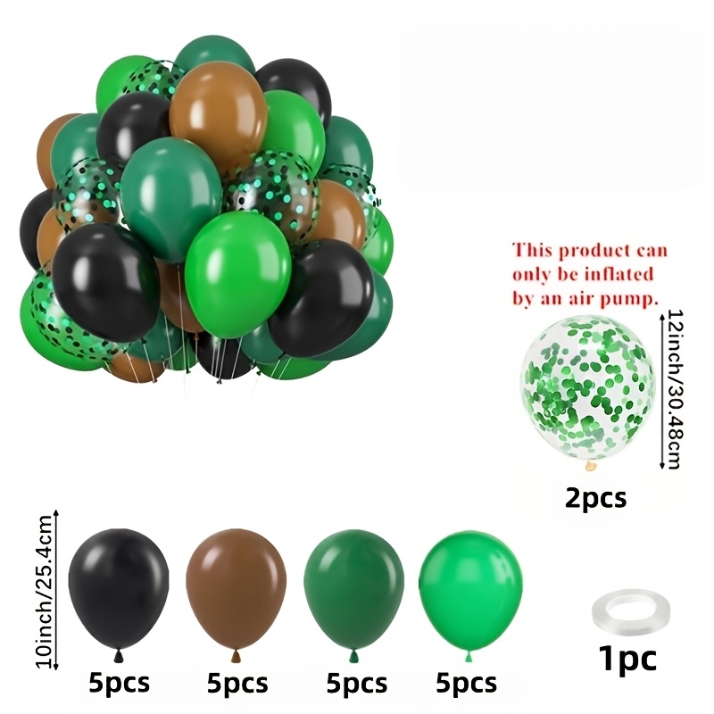 TEMU 23 Green, Brown, Black Latex Balloons And 1 Ribbon, Green Glitter Balloon, Suitable For Theme Parties, Jungle Exploration Celebrations, Birthday