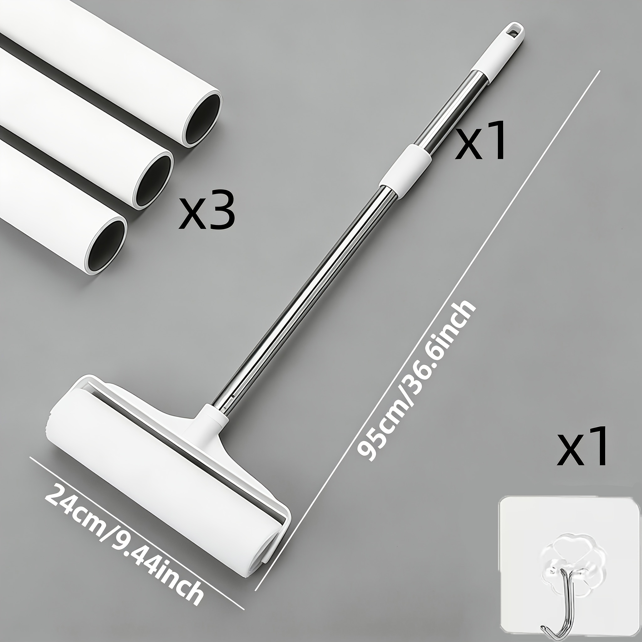 TEMU Lint Remover. Five-piece Set (including 3 Rolls Of Paper + 1 Long-handled Hair Removal Mop + 1 Hook) Cleaning Tool, Suitable For , Wide Roller
