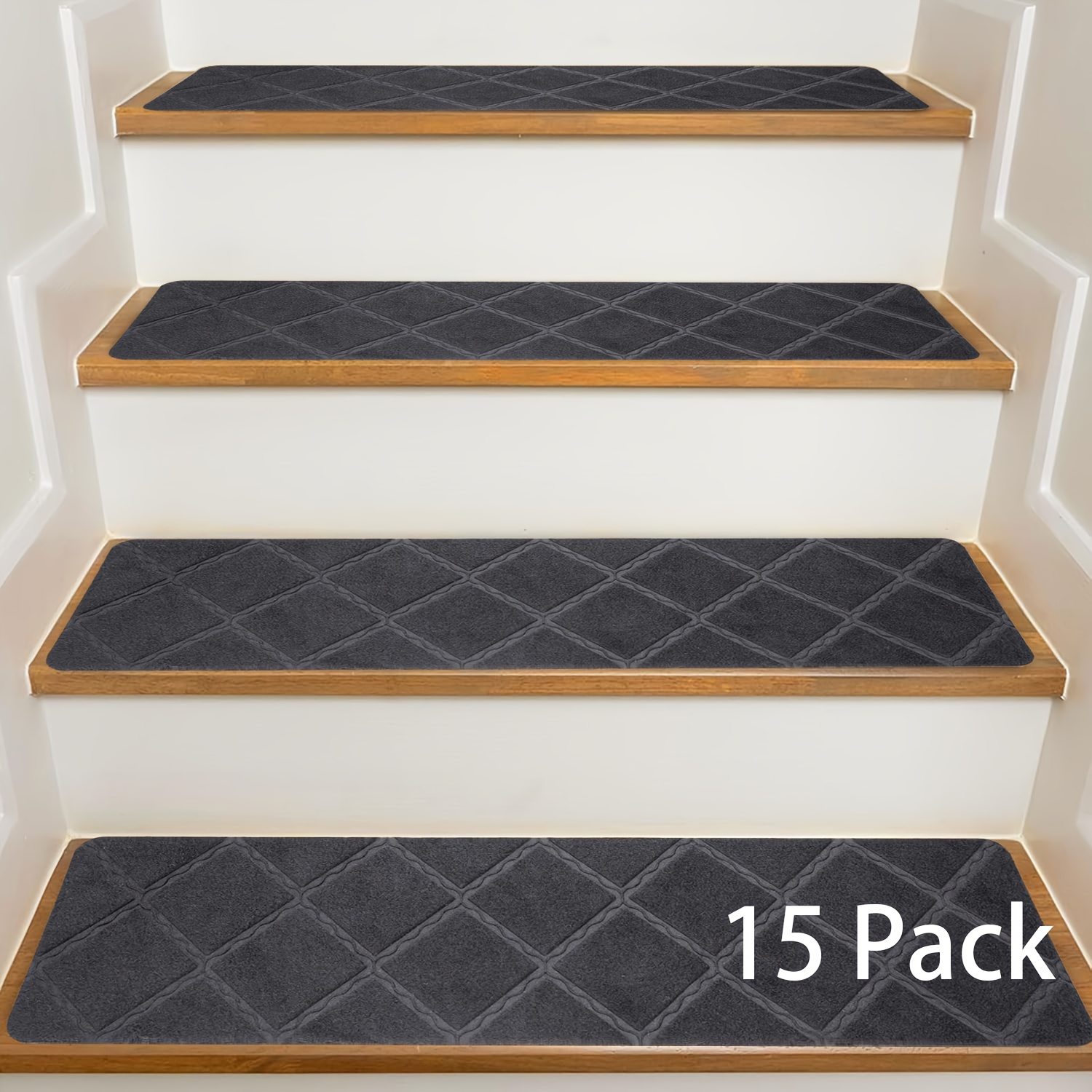 15pcs Black Stair Treads for Wooden Steps - Non-Slip Carpet Stair Mats with Reusable  , TPR Backing & Polyester Surface, 20.32x76.2 cm Indoor Stair Rugs with Decorative Edges for Elderly, Pets,   ( , Durable)