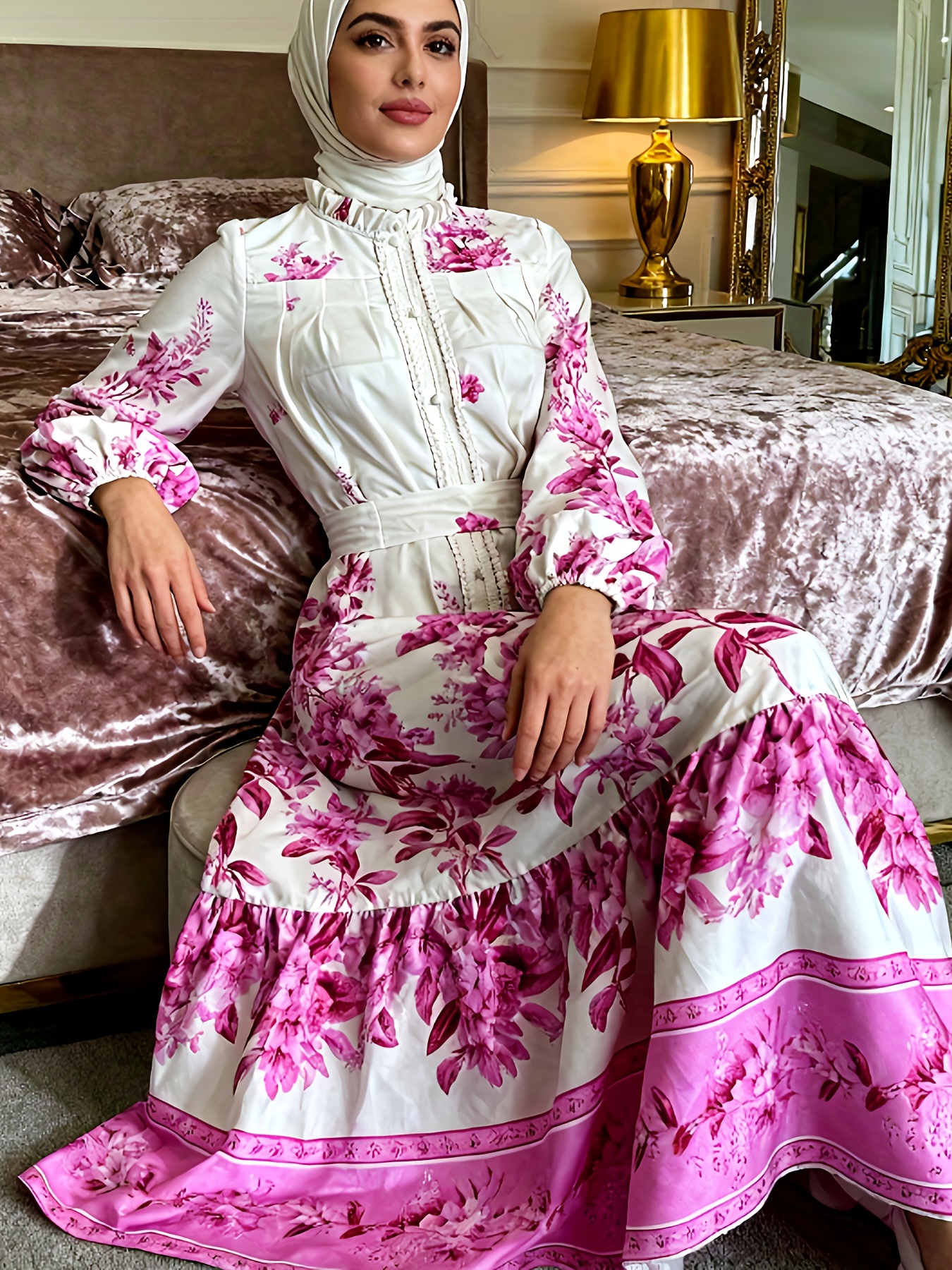 knee length dresses for ladies White Linen Kaftan Dress - Kaftan Maxi Dress, Long Sleeves & Pockets main image 0