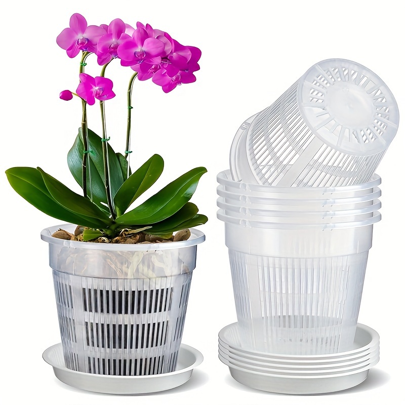 

5pcs Transparent Plastic Orchid Pots With Side Ventilation And Drainage, Dia With Tray, Casual Style For Indoor & Outdoor Garden Use
