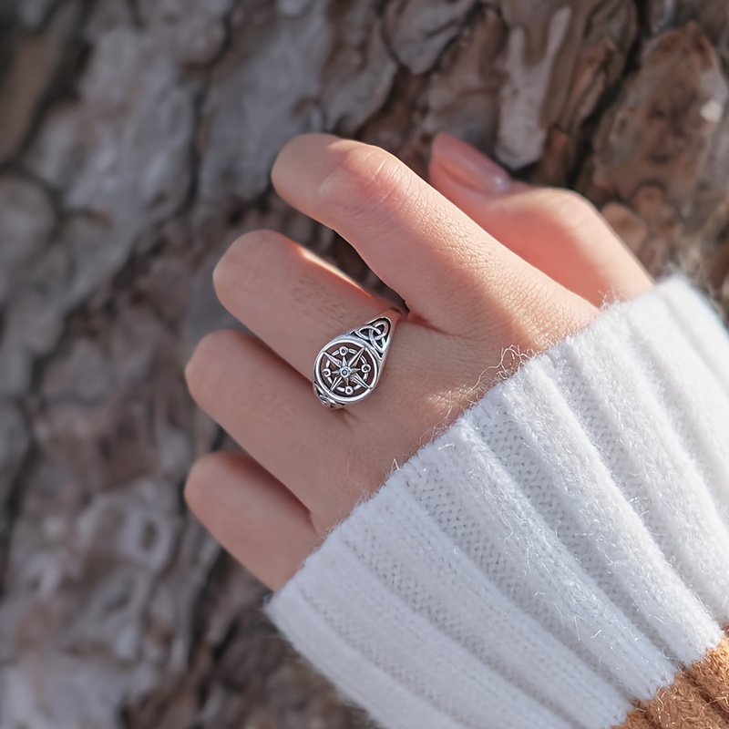 S925 Silver Compass Open Ring with Zirconia Inlay