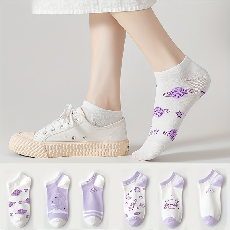 

6 Pairs Purple Planet Ankle Socks, Cute & Breathable Low Cut Socks, Women's Stockings & Hosiery