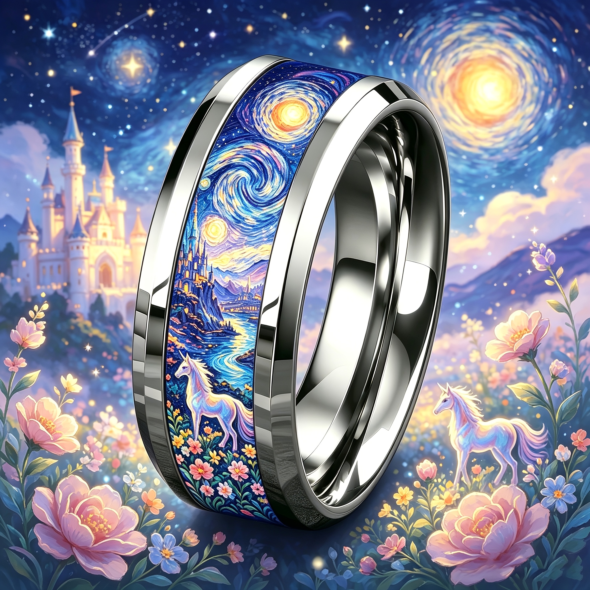 Starry Night Fairy Tale Castle Unicorn Ring, 304L Stainless Steel