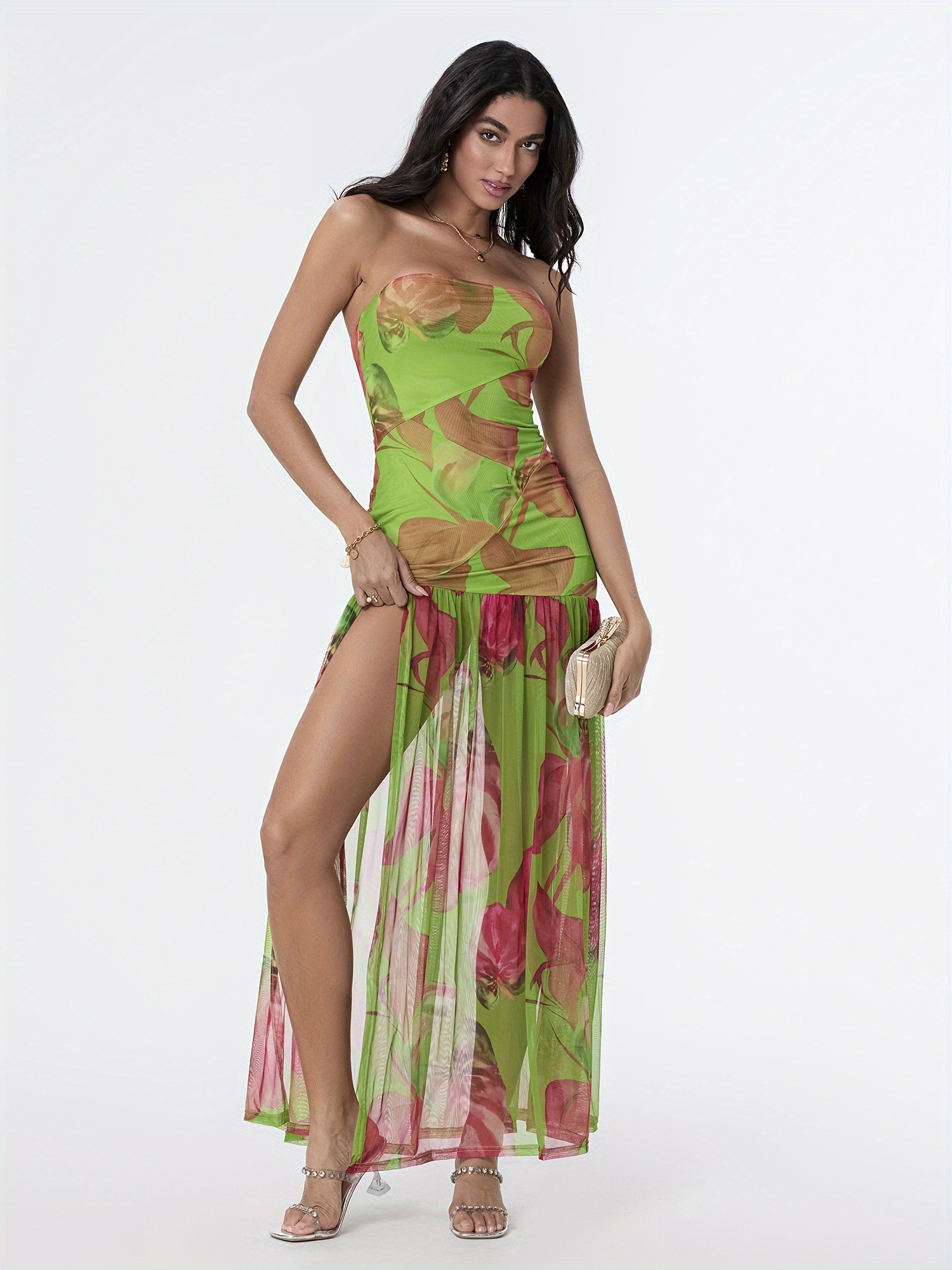 womens floral strapless bodycon wedding guest dress mesh - Temu