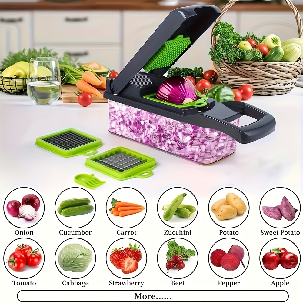 [Hache-légumes 16 en 1] Romeoo Ensemble de 16 en 1 pour Découper et Hacher les Légumes - Robot Culinaire Manuel avec Conteneur, Panier Égouttoir et Protection Mains - Sans Électricité, Vert et Noir, Hache-Légumes 16 en 1 pour Pommes de Terre, Oignons, Carottes, Ail - Inclut 8 Lames et Éplucheur