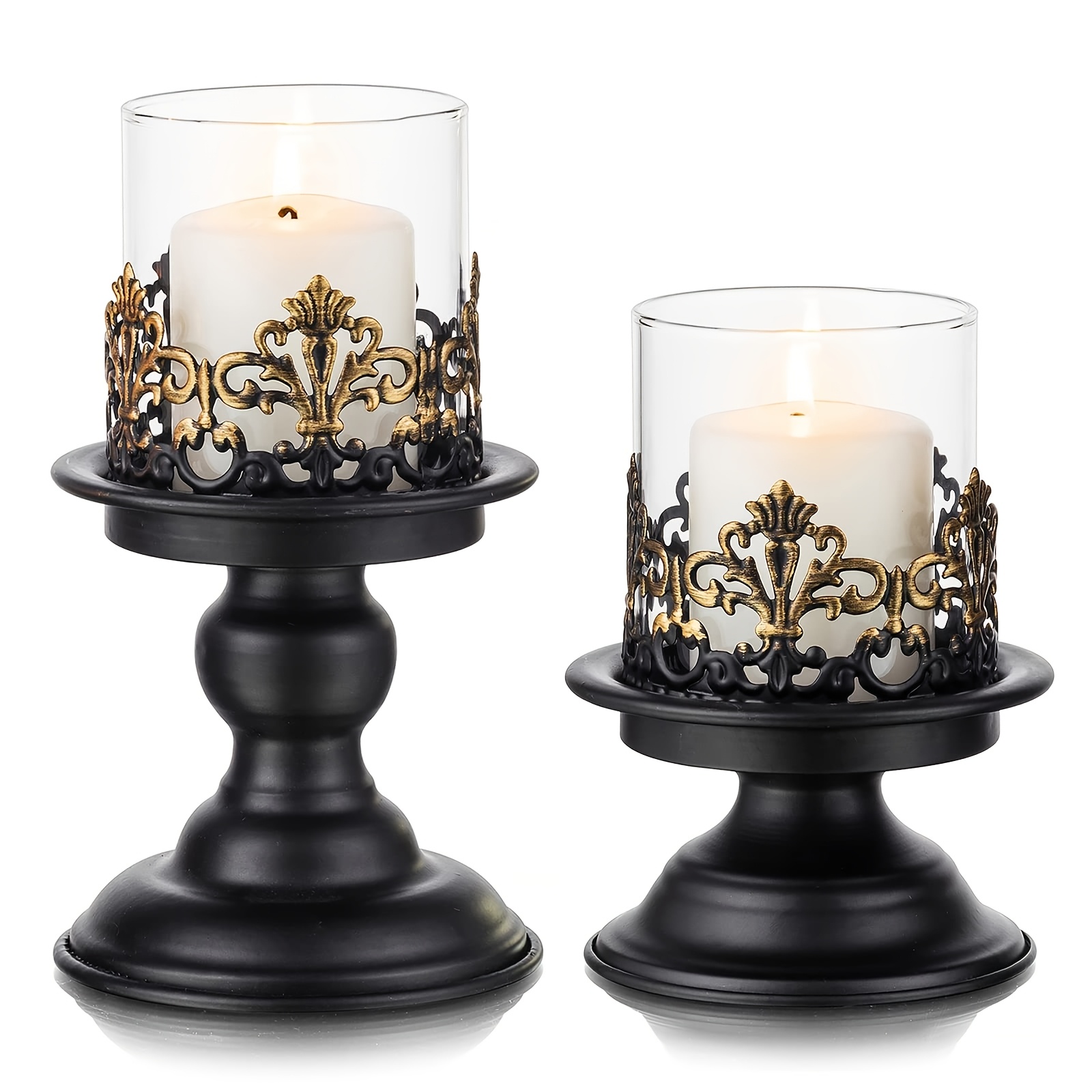 E-shop 2er-Set Vintage Kerzenhalter für Säulenkerzen, Schwarzes Kerzenhalter-Set mit Glas, Vielseitige Metallische Sockel Glas Blumen-Mittelstück Basis