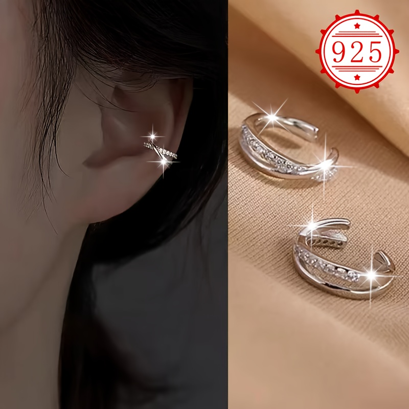 

Elegant Sterling Silver 925 Clip-on Ear Cuffs With Synthetic Zirconia, Hypoallergenic Geometric Earrings For Women, Gift For Christmas, - Pair (1.3g)