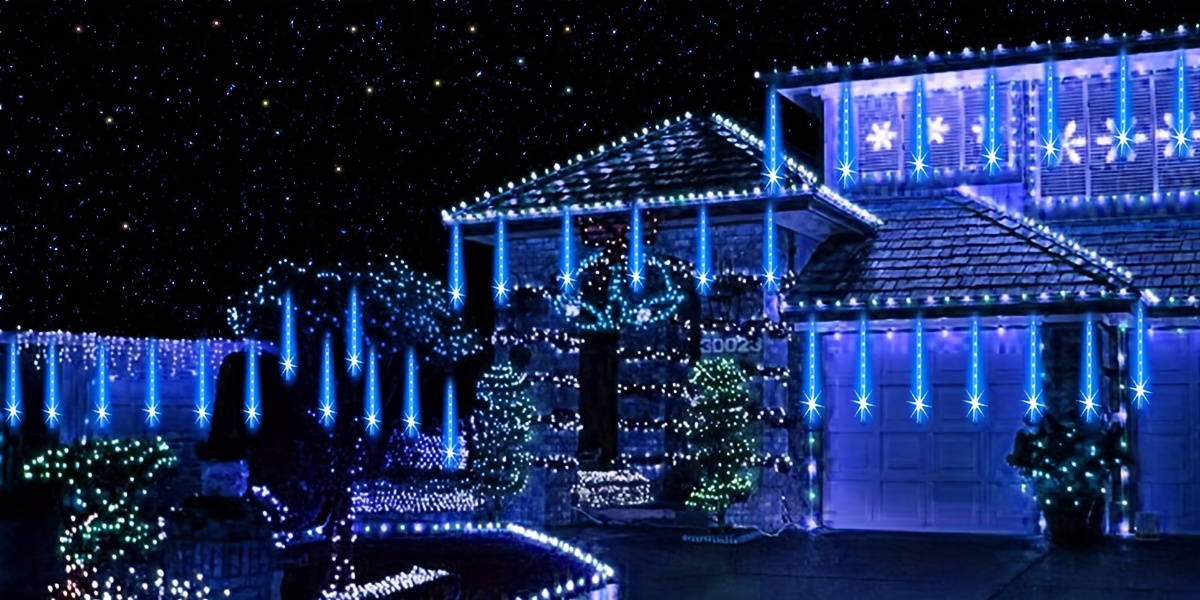 Meteor Shower Lights, Christmas Outdoor/Indoor Meteor Shower Lights, Falling Rain Drop Snowfall, IPX4 Icicle String Light for Bedroom, Garden, Wedding, Party Favors, Christmas, Thanksgiving, Halloween, Holiday Decoration Lighted Holiday Displays