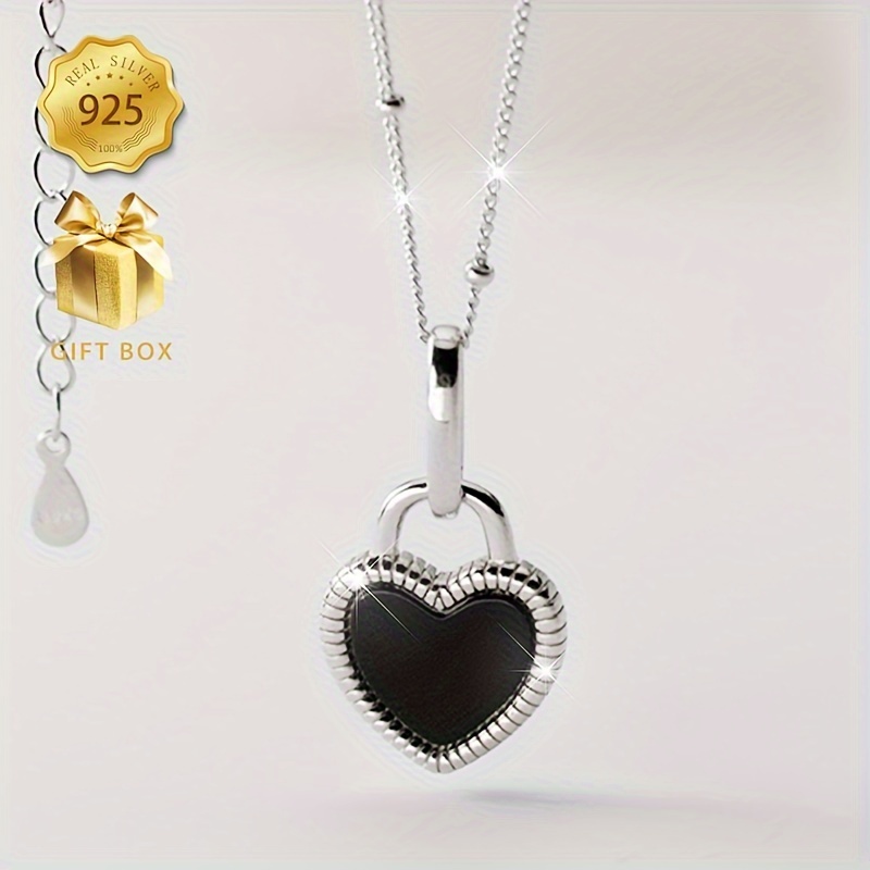 

Elegant 925 Sterling Silvery Necklace With Black Agate Heart Pendant - Hypoallergenic, Vintage- Design For Women, Any