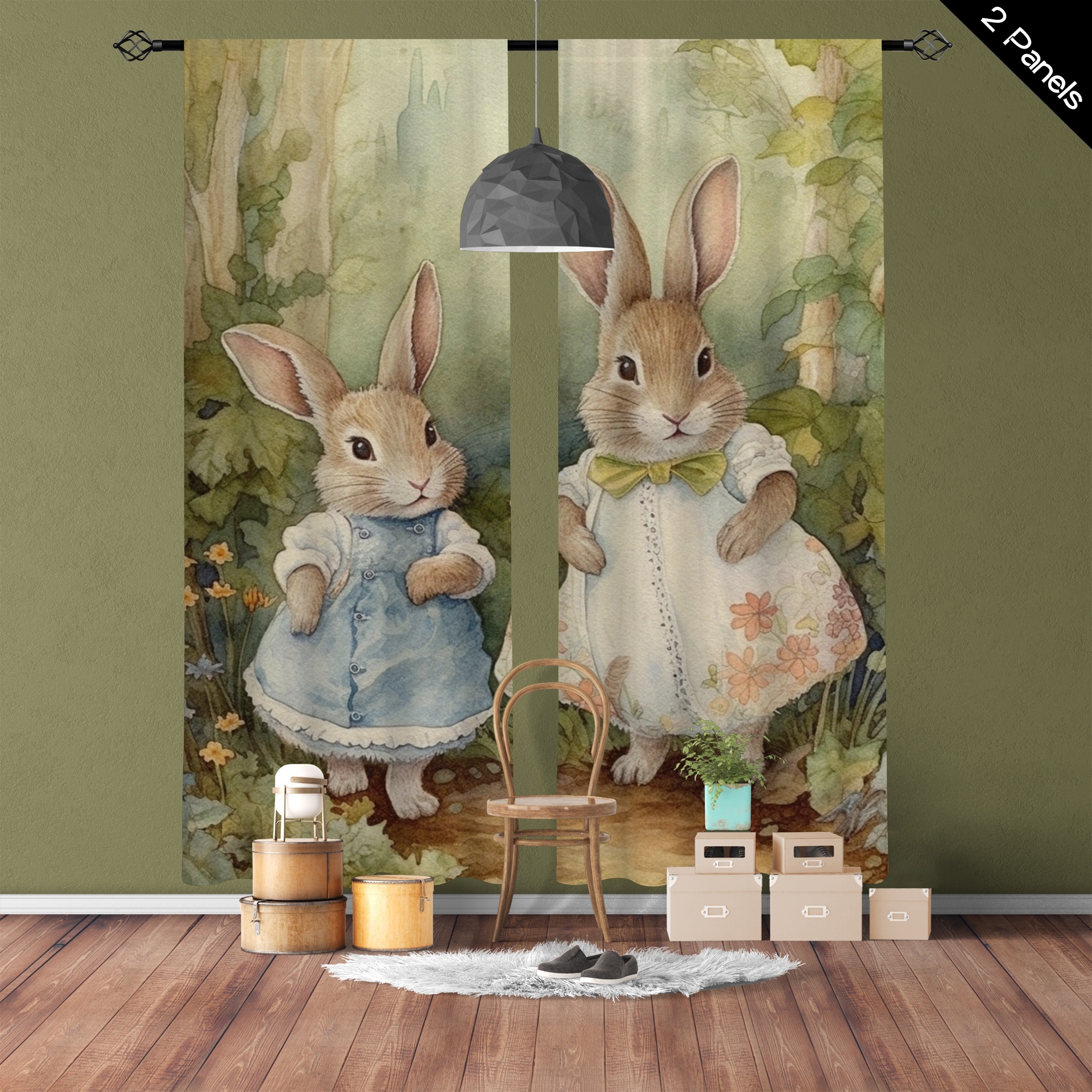 

2pcs Victorian Rabbit Sisters Sheer Curtains, Rod Pocket Curtains Featuring A Pair Of Young Bunnes In Dresses, Home Décor For Living Room, Bedroom, Or Kitchen, Easter Décor