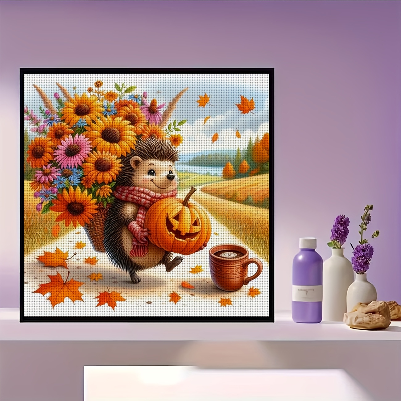 Printed DIY Cross Stitch Kit, Hedgehog Holding Flowers with Pumpkin