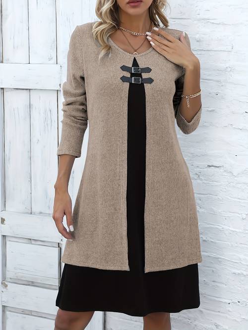 autumn winter neck 2 in 1 look spliced color block womens fashion elegant dress