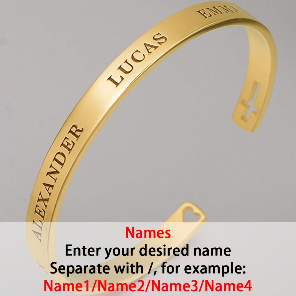 TEMU Custom 18k Golden Plated Engraved English Name Open Bangle Women's Personalized Stainless Steel Custom Bangle Can Customize Multiple English