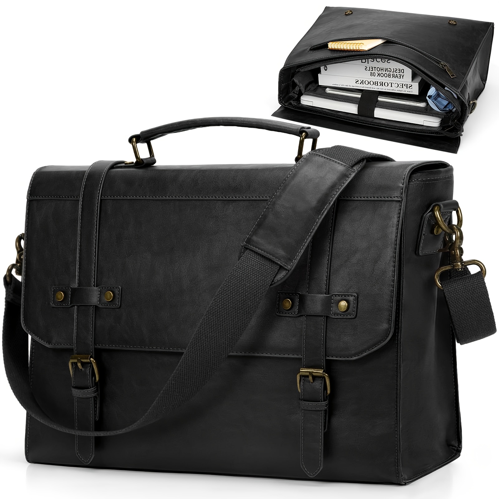 Image of Rainsmore Briefcase Men's Shoulder Bag Laptop Bag 17.3 Inch Messenger Bag Vintage Work Bag Men For Business Work School, Black, Utility With Vintage Touch