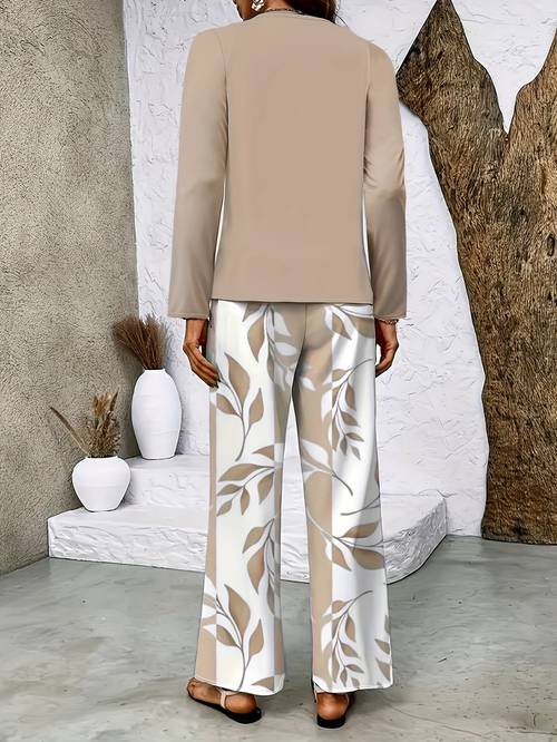 new directional development new solid neck double layer long sleeve top flower and stripe print straight leg pants casual and comfortable long sleeve pants set