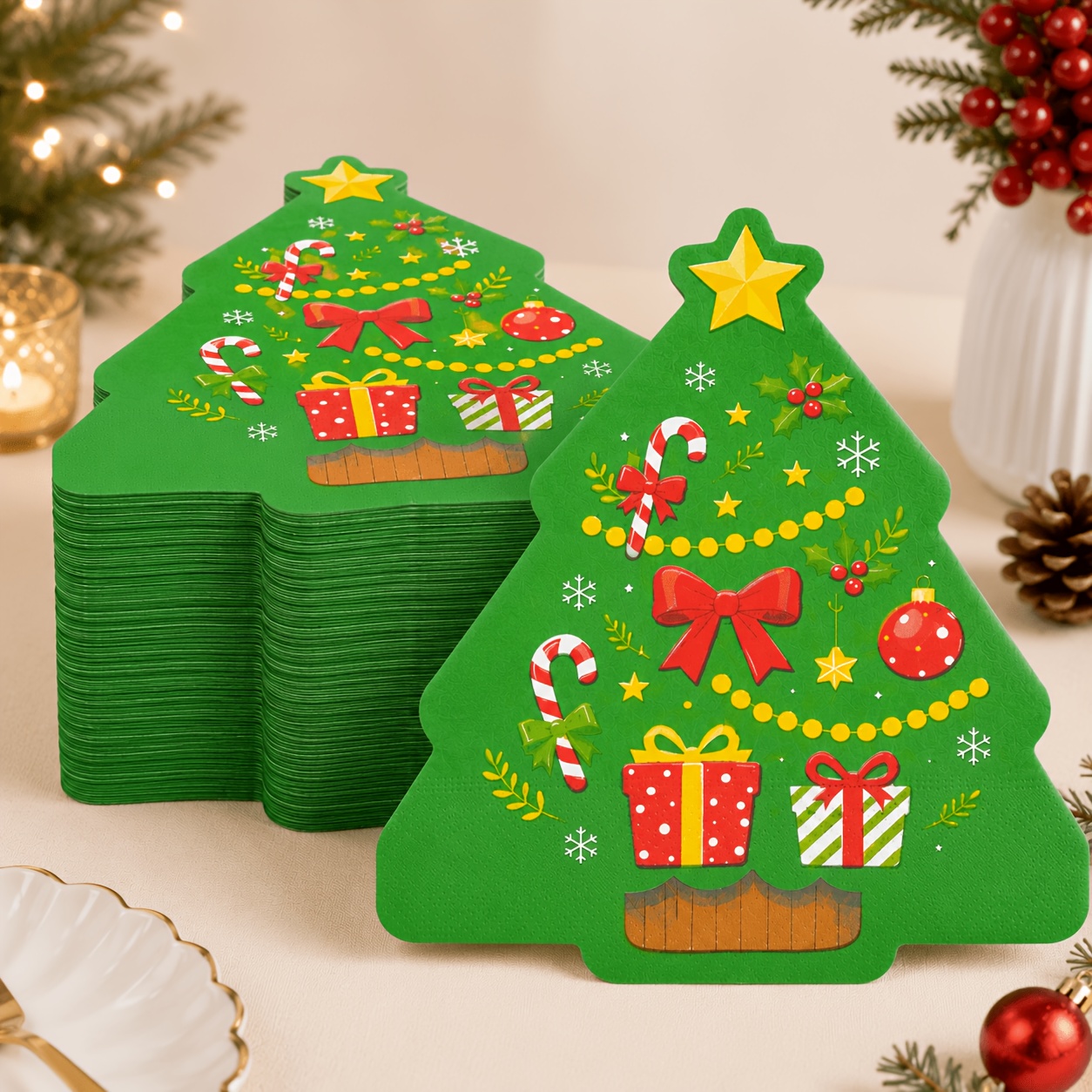 TEMU Confezione da 20 Tovaglioli a Forma di Albero di Natale, Fazzoletti Natalizi Usa e Getta, Decorazione per per Feste Natalizie per Cene di