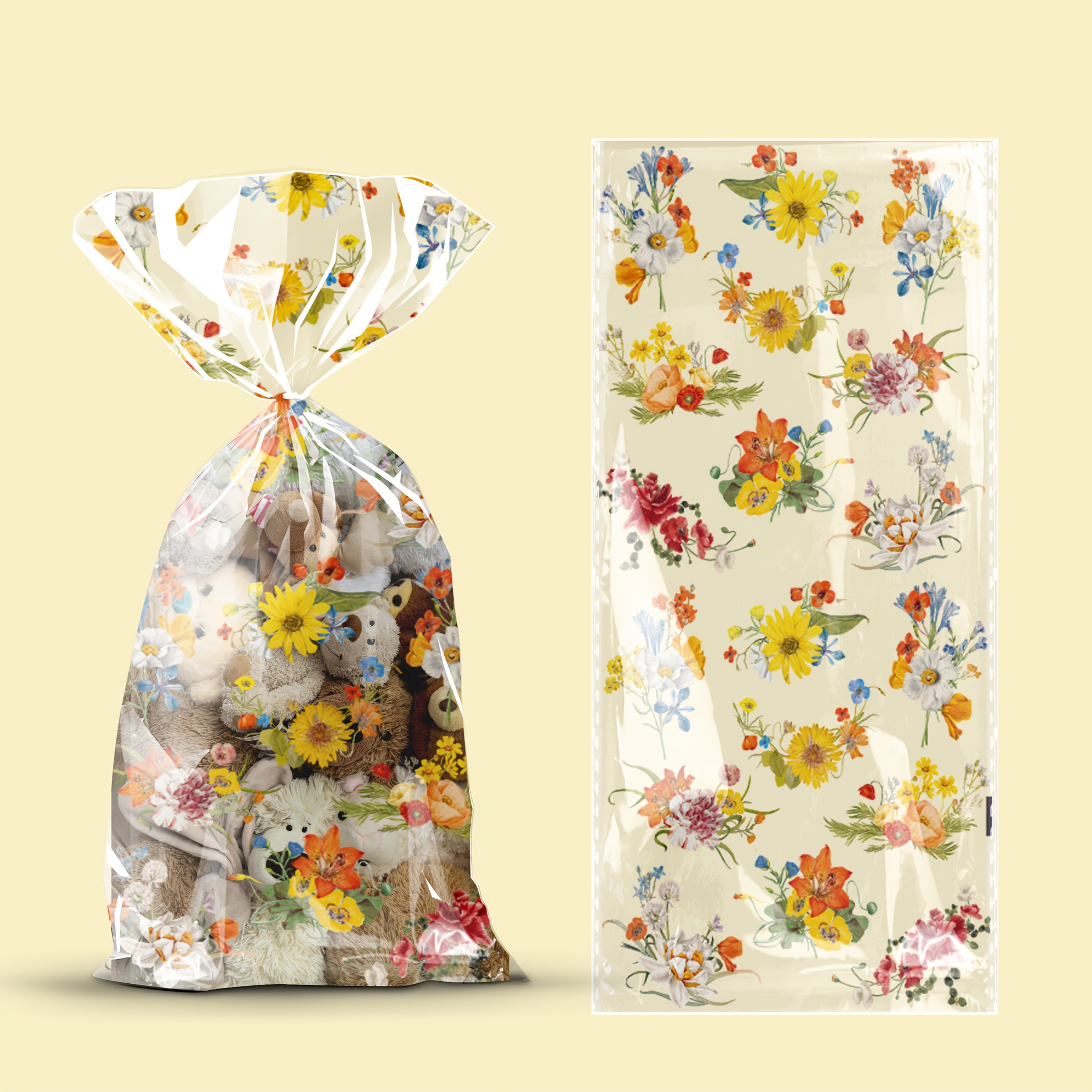 Transparente Geschenktüte Mit Wildblumenmotiv – Aus Zellophan/Kunststoff, Ideal Für Süßigkeiten, Geschenkverpackung, 1 Stück