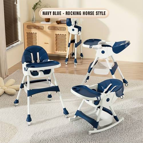 1 adjustable childrens dining chair multifunctional portable pu leather blue and white pattern 5 point seat belt with tray attached home use