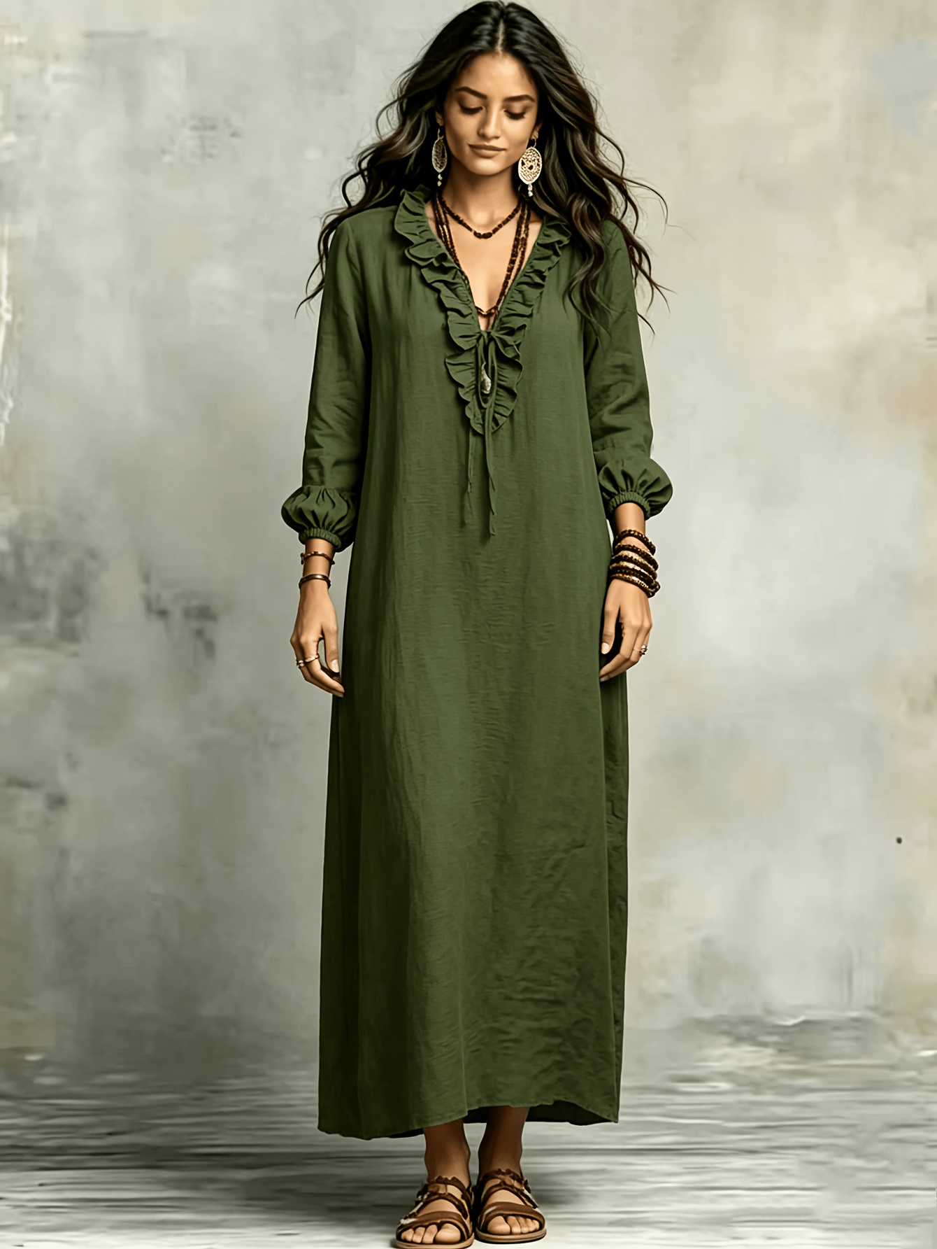 temu green dresses Bohemian Ruffle V-Neck Casual Loose-Fitting Flowy Breathable Long Dress, Loose Lantern Sleeve Vacation Maxi Dress, for Daily Casual Wear, Beach * Office Commuter Style temu dresses