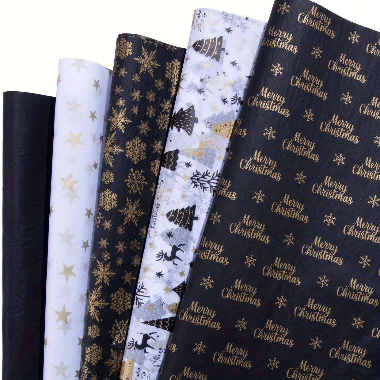 Image of Set Of 100 Christmas-themed Tissue Papers For Gift Bags, Measuring 20 × 14 Inches, Featuring A Golden And Black Xmas , Perfect For , Birthdays, And Crafts (5 Different Patterns)