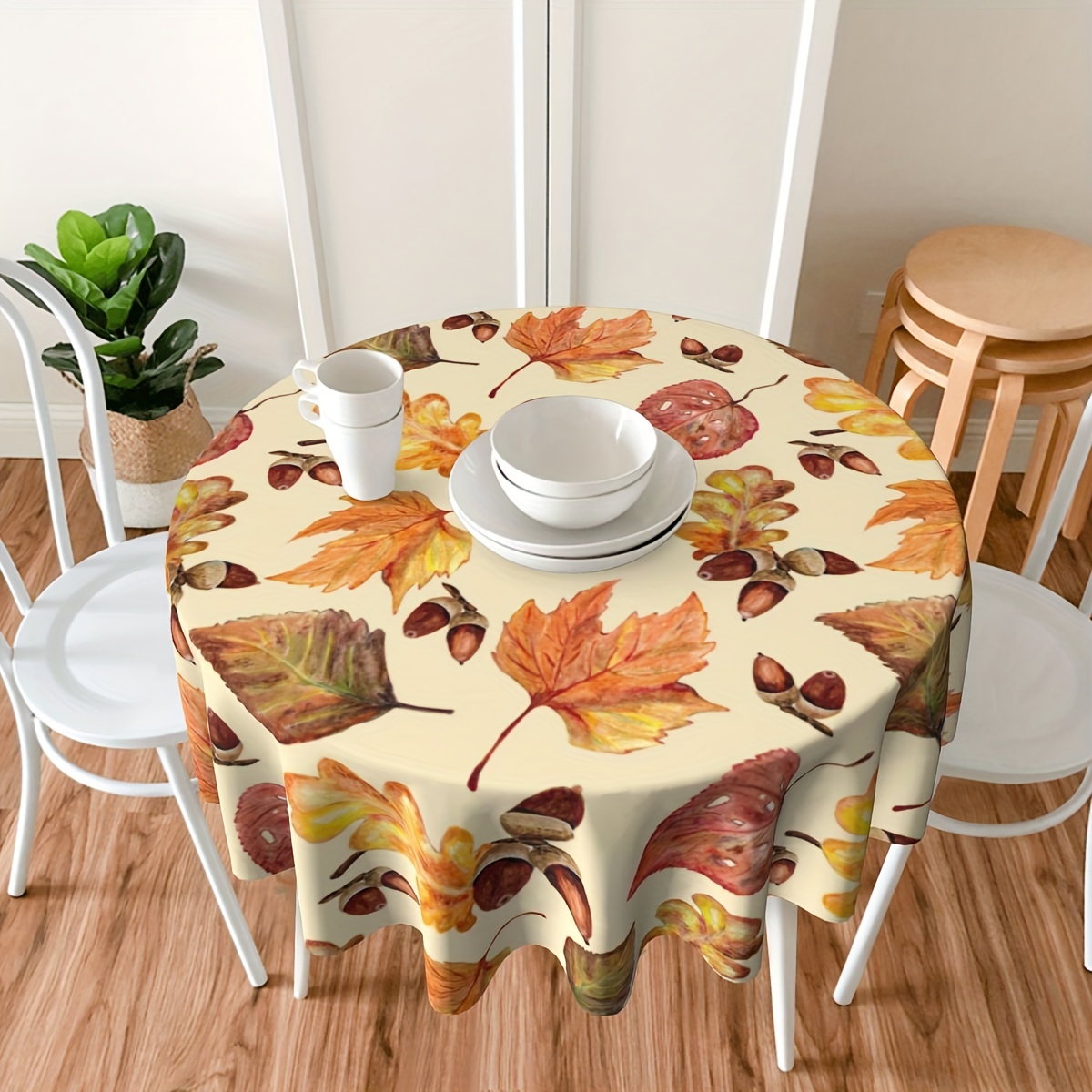 

1pc Autumn Leaves Round Tablecloth - Handcrafted, Stain-resistant Polyester For Dining & Countertop Decor