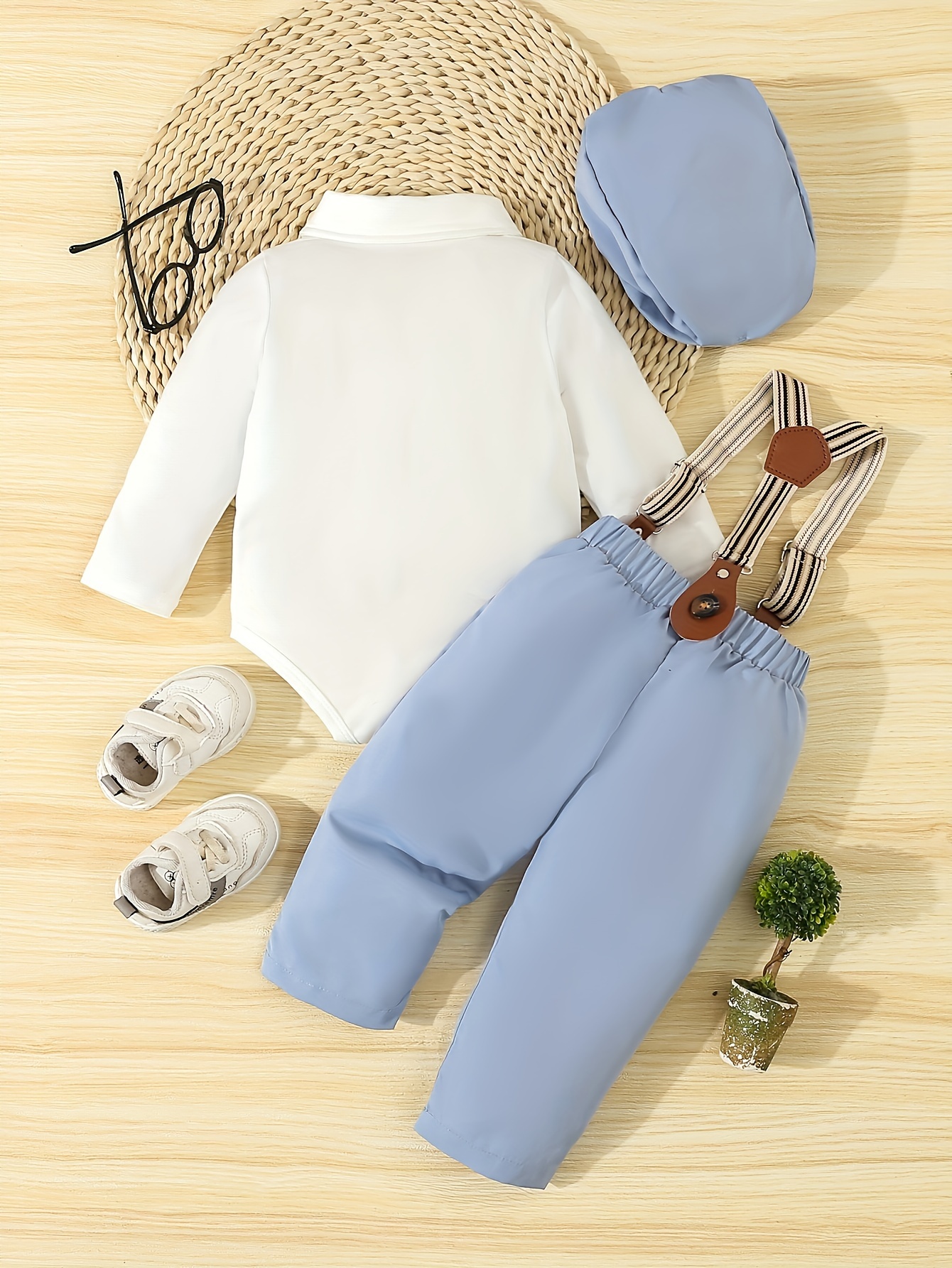 boys 4pcs gentleman outfit set long sleeve romper with bow tie suspenders hat for birthdays weddings special occasions machine washable Product details 5