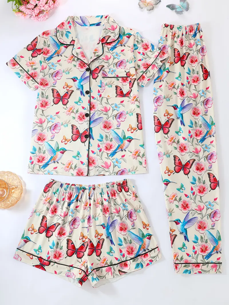 womens pajama set piece ensemble featuring cute cartoon animal designs with butterflies and birds a casual collared top drawstring waist shorts and long pants suitable for summer and made from comfortable fabric with button pocket details for adult loungewear Product details 0