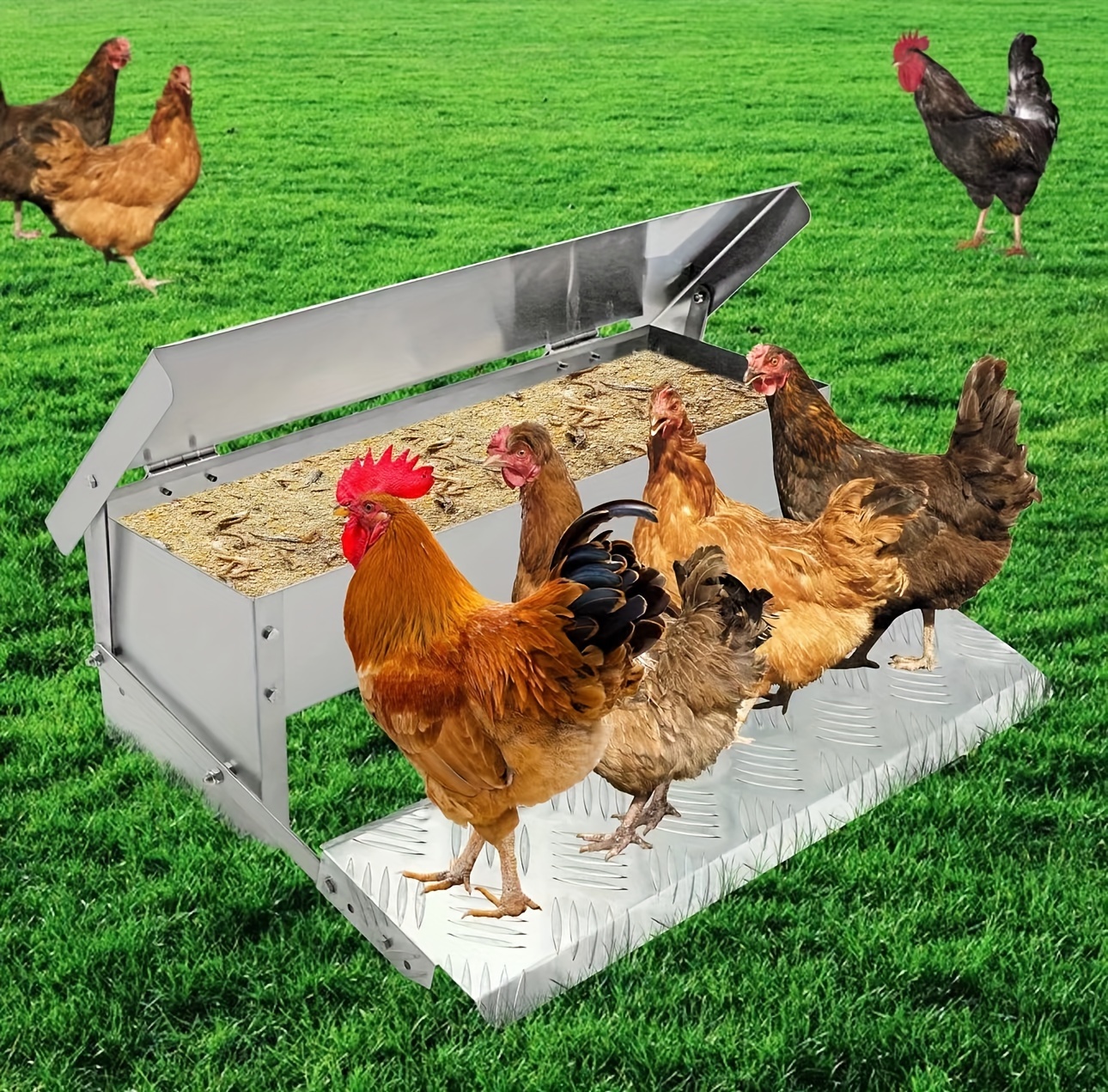 MOGOULUA Mangeoire Automatique 12L Pour Poules - Acier Inoxydable Avec 2 Plateaux Et Pelle - Auge Volaille