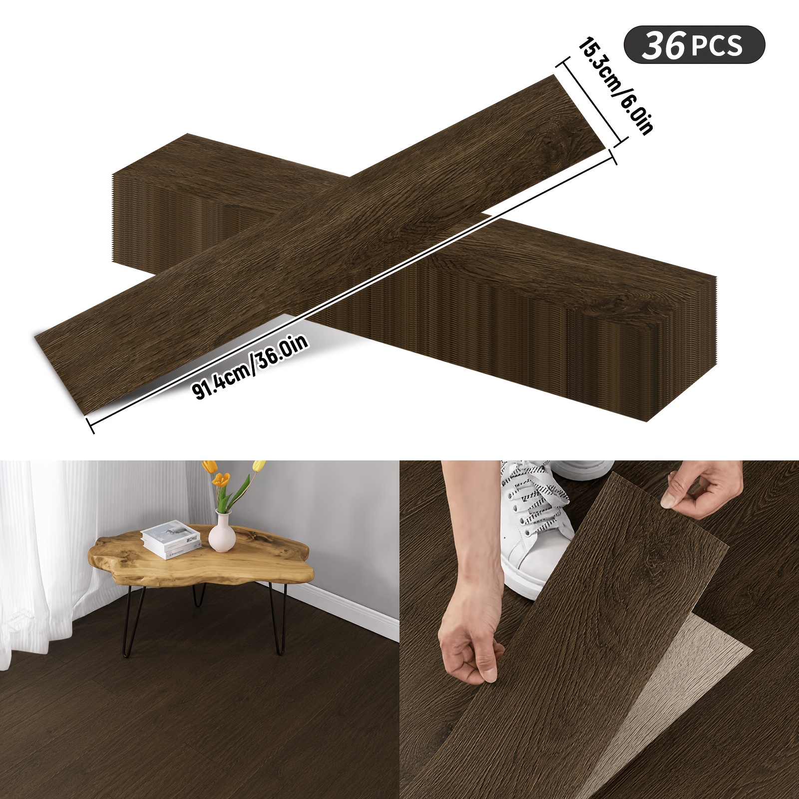 Image of 36pcs/5.03 Sq M Wood Grain Self-adhesive Floor Tiles Suitable For Home Decoration, Waterproof Vinyl With Non-slip, Thickened Pvc Floor Stickers, Bathroom, Living Room, Installation