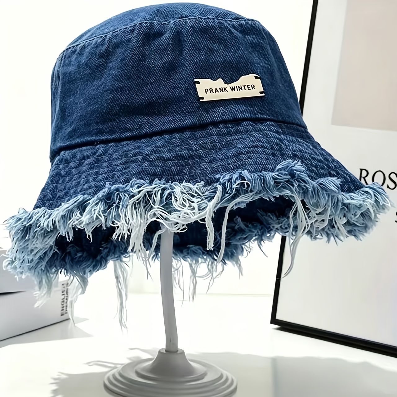 Image of Men's & Women's Vintage Blue Denim Bucket Hat - Wide Brim With Frayed & Leaf Collar, Lightweight Washed Jeans For Beach, Casual, Western Style (unisex Fit, Hand Wash/) - Hat For